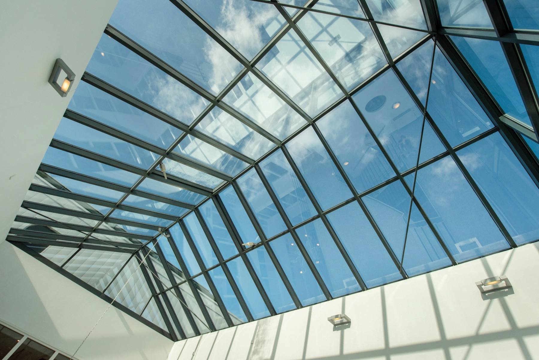 The atrium's glazed roof from directly beneath.